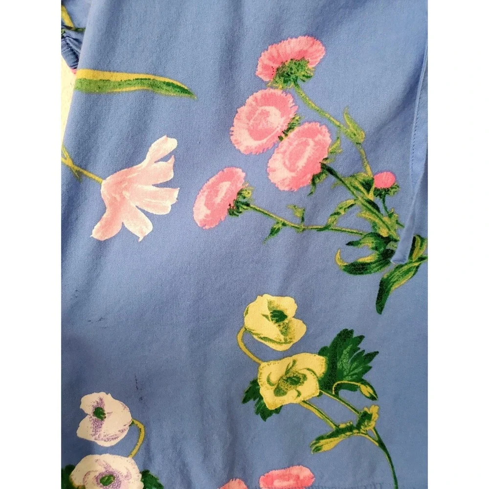 LOFT Womens Blue Floral Puff Short Sleeve Split Tie‎ Neck Cotton Blouse Small